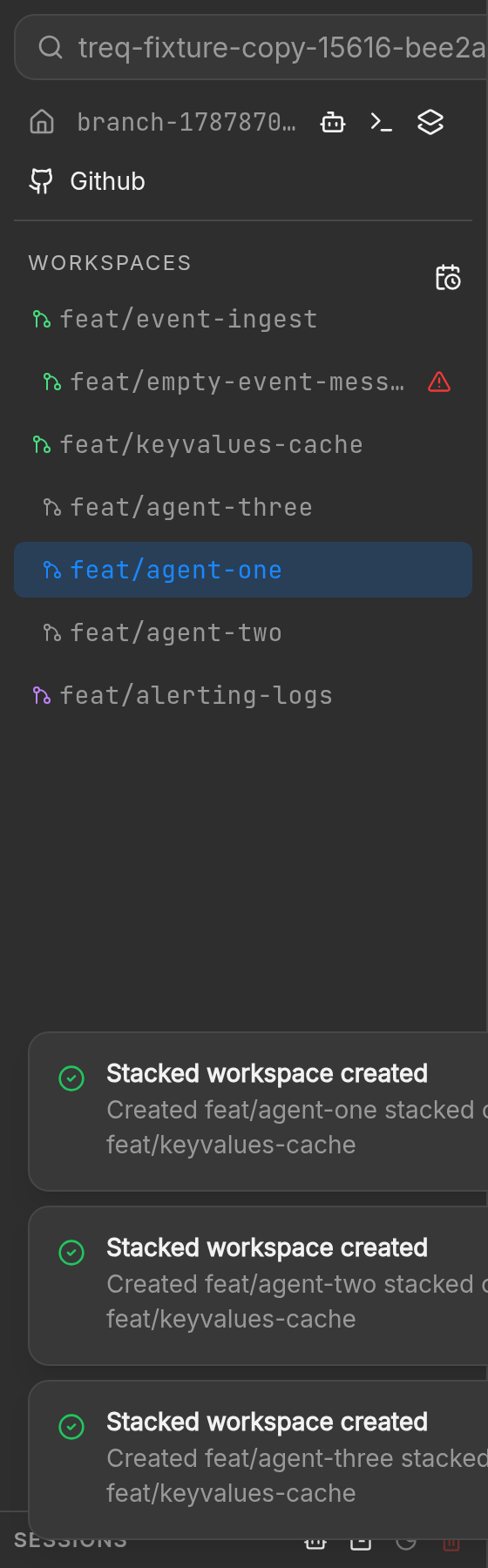 Sidebar after three new agent workspaces appear